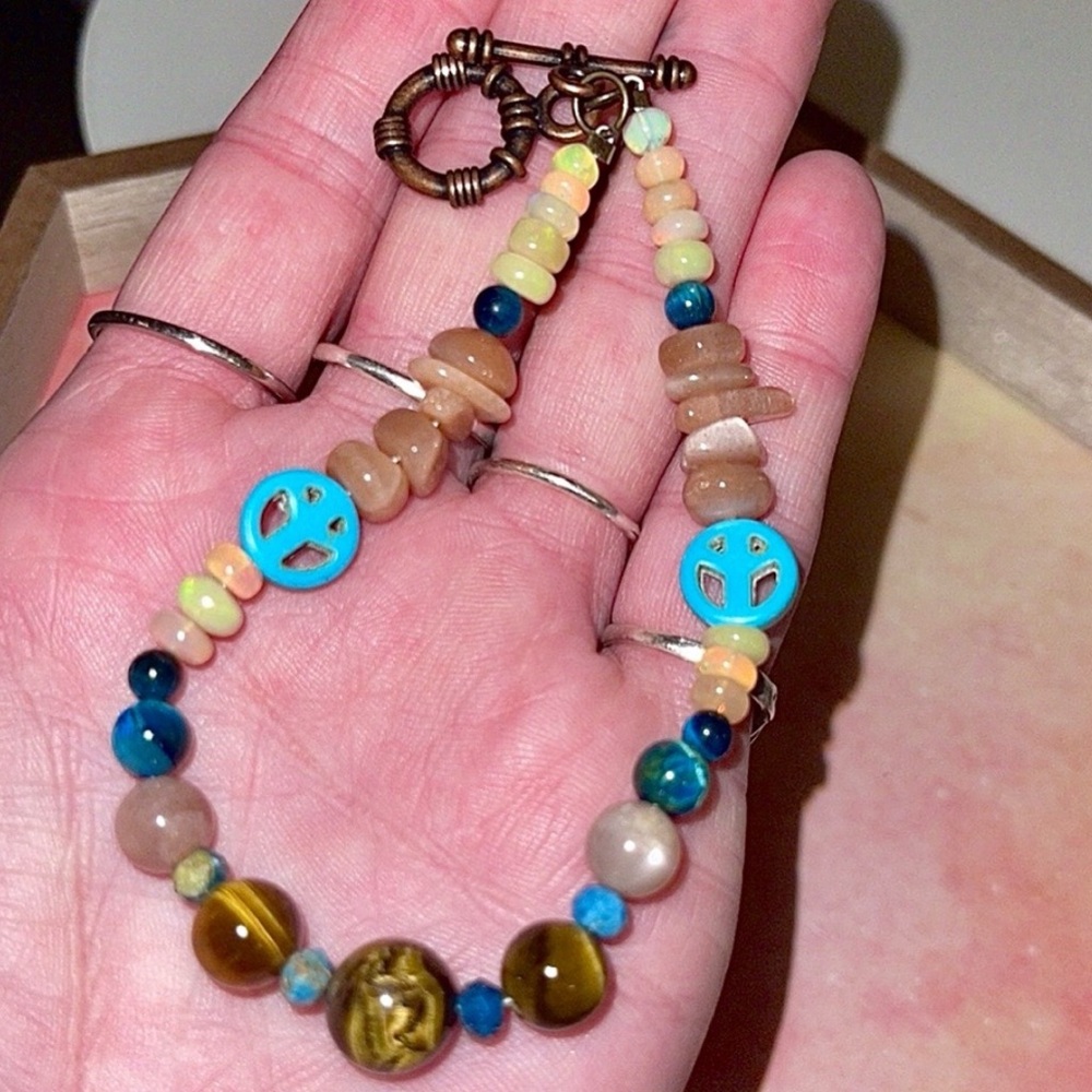 Blue & GoldenTigers Eye, Sunstone, Neon Blue Apatite & Rainbow Opal Bracelet